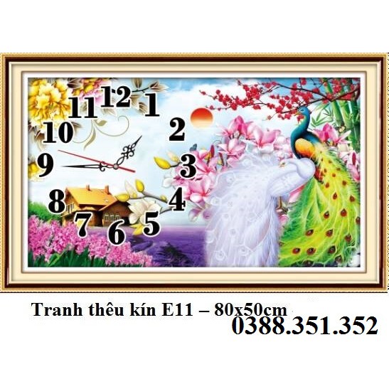 Tranh thêu chữ thập thêu kín Đồng hồ chim công 80*50cm