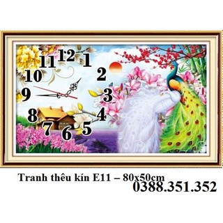 Tranh thêu chữ thập thêu kín Đồng hồ chim công 80*50cm