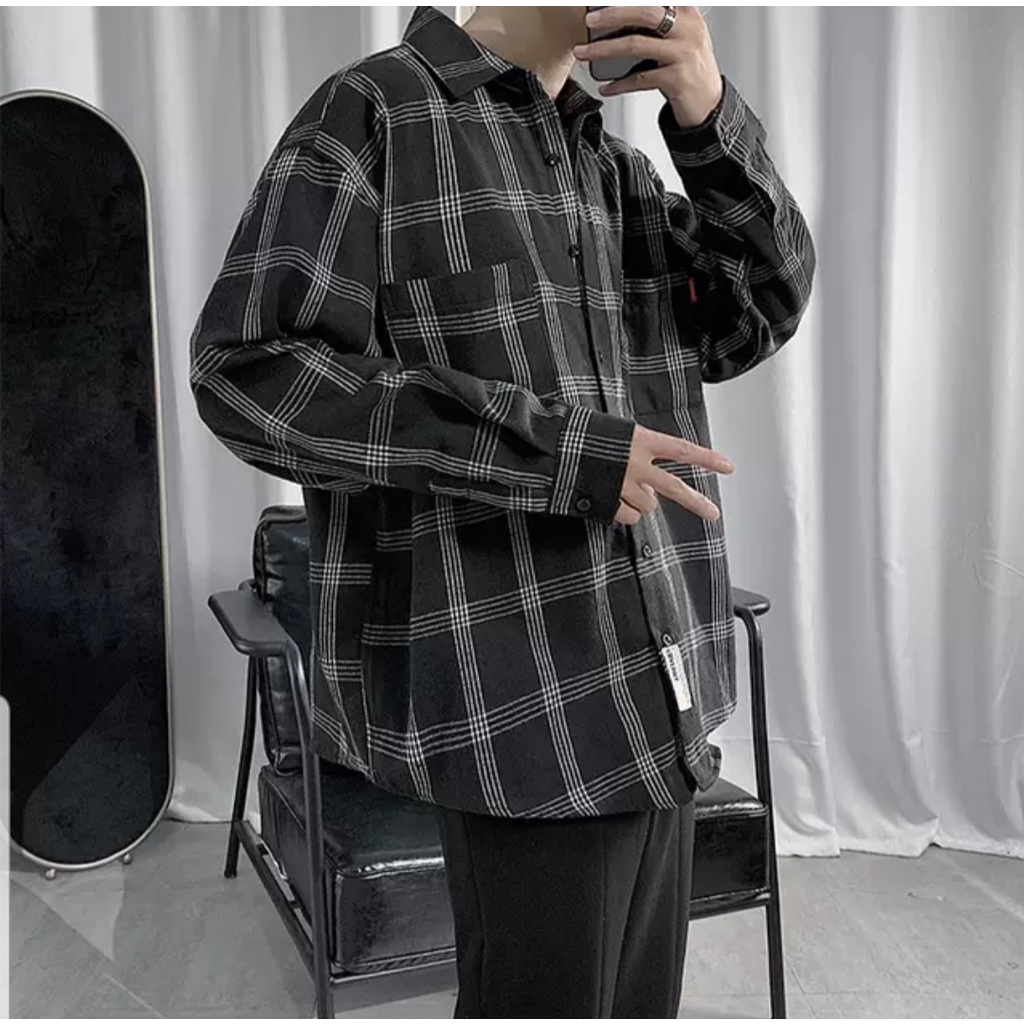 Áo sơ mi kẻ MEANSTORE nam nữ dài tay Oversize form rộng ulzzang không nhăn dáng suông - kẻ caro đen