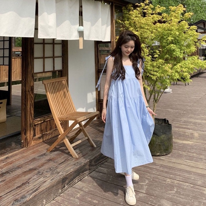 NZN Đầm lửng hai dây đính nơ phong cách Hàn Quốc thời trang