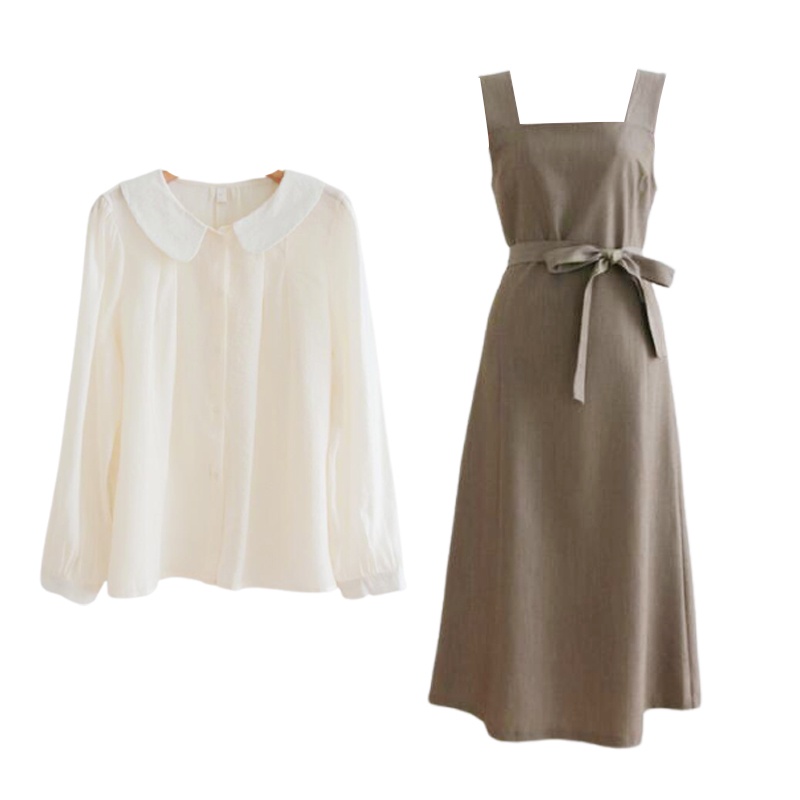 Váy yếm MORAN cổ vuông thắt eo vintage Hàn Quốc nhẹ nhàng thanh lịch sang trọng