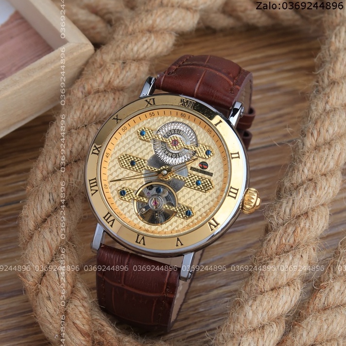 Đồng hồ nam Forsining dây da nâu trẻ trung, máy lộ cơ chạy tự động 100% không dùng pin, máy làm từ thép không cực bền