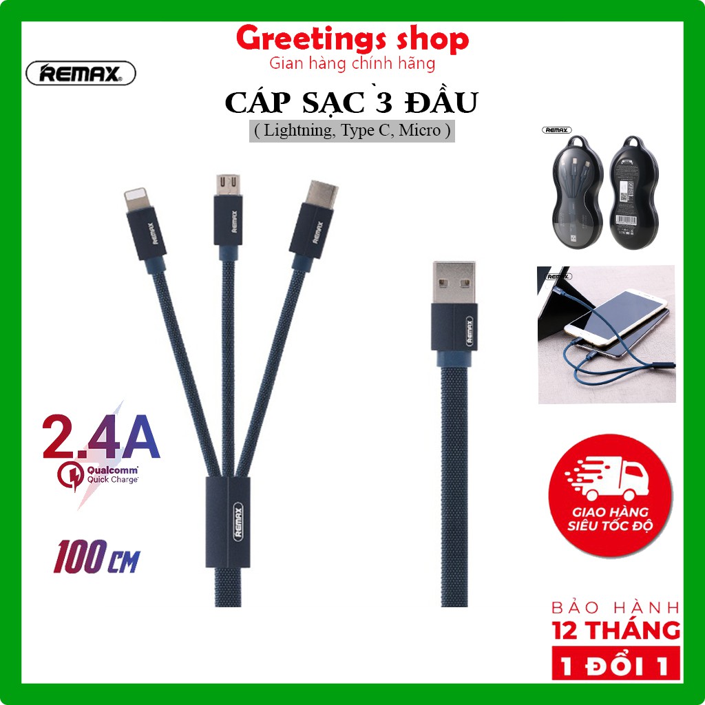 Cáp Sạc Điện Thoại⚡ Bảo Hành 12 Tháng ⚡ Cáp Sạc 3 Đầu 𝓡𝓔𝓜𝓐𝓧  3 Trong 1 Hỗ Trợ Sạc Nhanh Cho Các Dòng Iphone, Sam Sung...