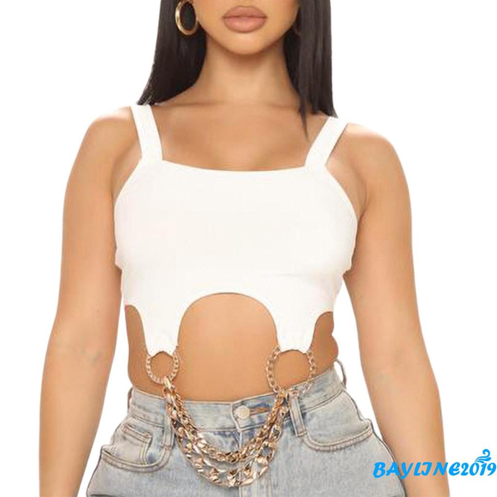 Áo hai dây cổ chữ U màu trơn phối dây xích kim loại ôm dáng hở lưng thời trang dành cho nữ