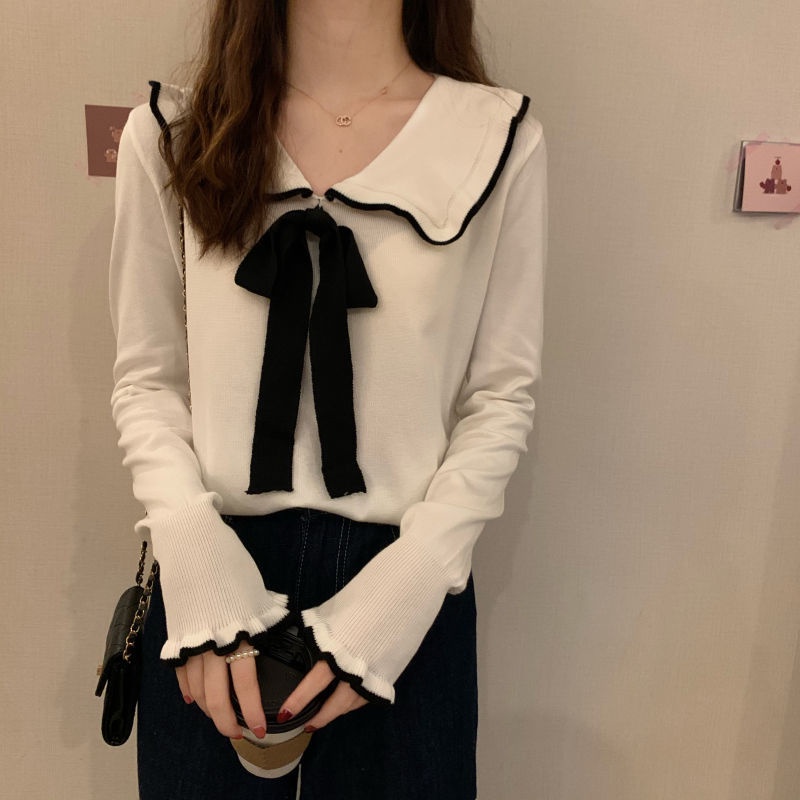 Áo Dệt Kim Nữ Tay Dài Cổ Búp Bê Đính Nơ Phong Cách Hàn Quốc