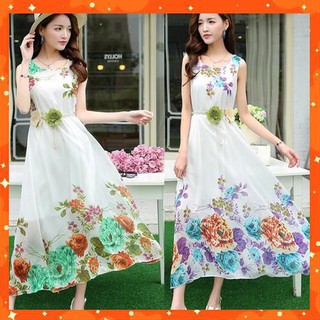 Đầm maxi voan  kèm dây thắt lưng hoa DX08 - Đầm suông maxi đi biển, đi dạo phố  aokhoacnusieudep2019