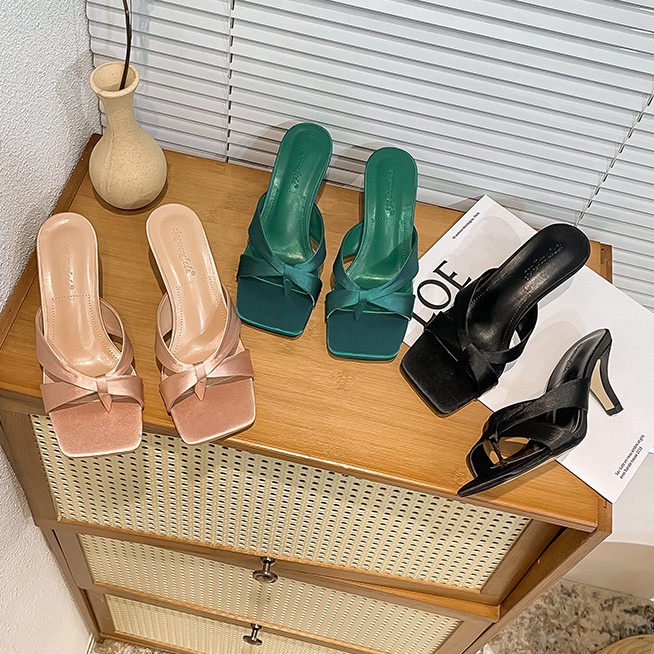 Giày Cao Gót Da Satin Mũi Vuông Thời Trang Dành Cho Nữ 2.56 Inches