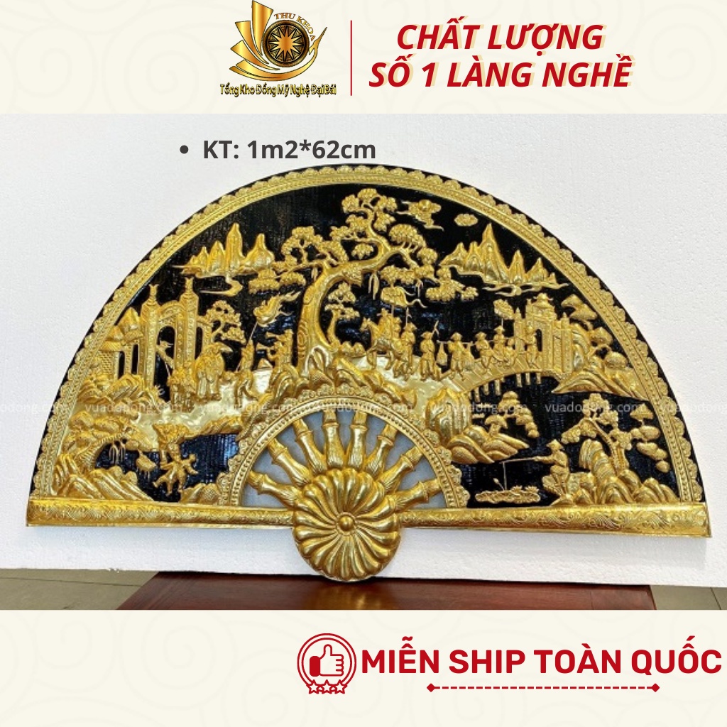 Tranh Quạt Vinh Quy Bái Tổ Bằng Đồng Mạ Vàng 24K 1m2 Quà Tặng Độc Đáo Treo Tường Trang Trí Đồ Đồng Đại Bái