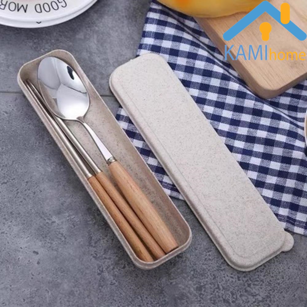 Bộ đũa thìa dĩa inox cán gỗ có hộp đựng cho dã ngoại và văn phòng KM20072