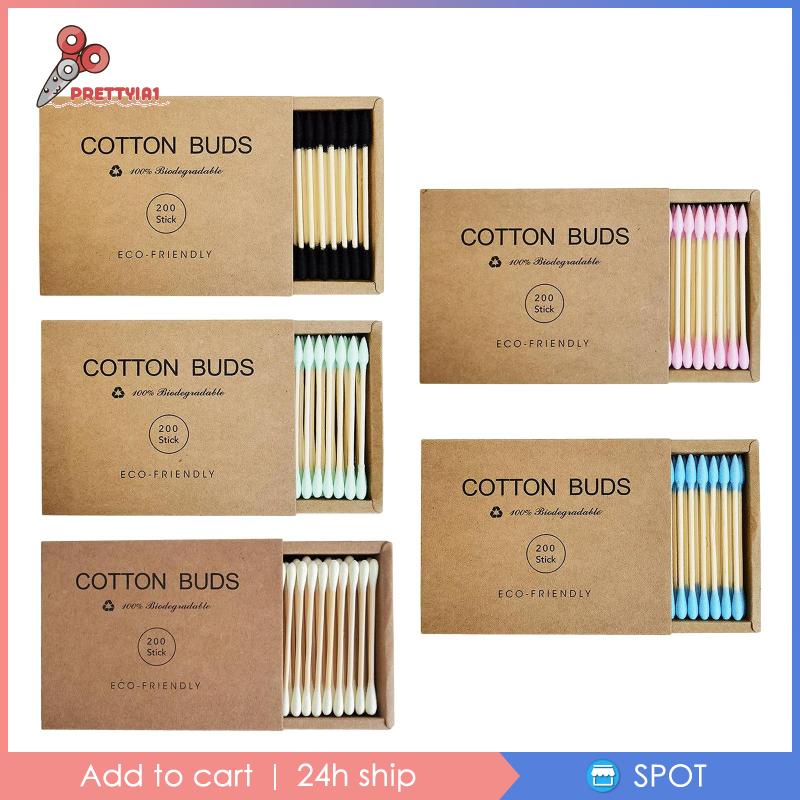 Set 1 / 200 Tăm Bông Cotton Vệ Sinh Tai Mũi Hai Đầu Màu Hồng Prettyia1