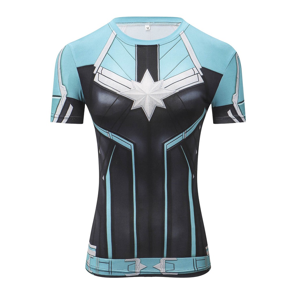 Áo thun nữ nén thời trang cosplay Superhero Captain Marvel HUQISHA