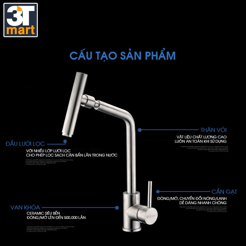 Vòi rửa chén NÓNG LẠNH cao cấp 2 TRỤC XOAY 360° inox 304 C'MON VB-03