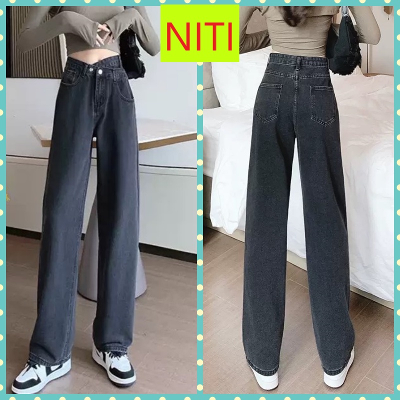 [ SIÊU NGÔNG ] QUẦN JEANS ỐNG RỘNG NỮ LƯNG CAO PHỐI CẠP CHÉO TRƯỚC LƯNG LAI CUỐN MÀU XÁM NHẠT CAO CẤP NITI SIÊU HOT HIT