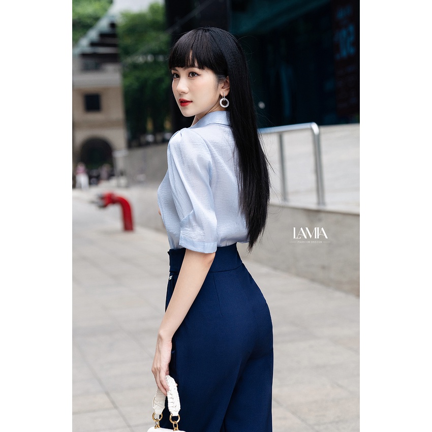 Áo sơ mi nữ Lamia Design SM310 tơ óng màu xanh dương cách điệu