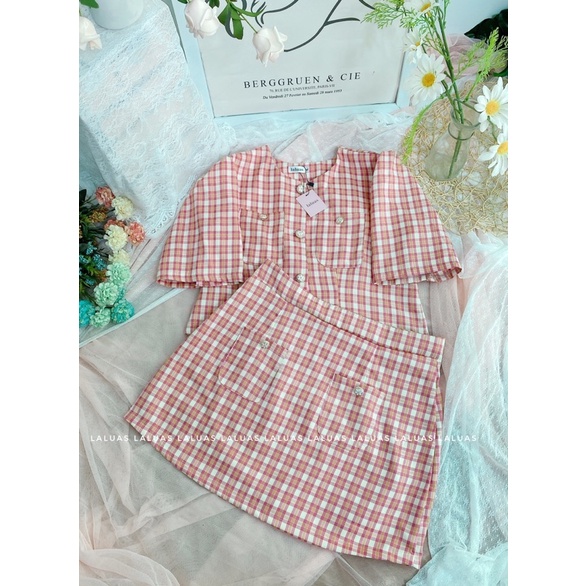 Set áo chân váy bigsize caro hồng