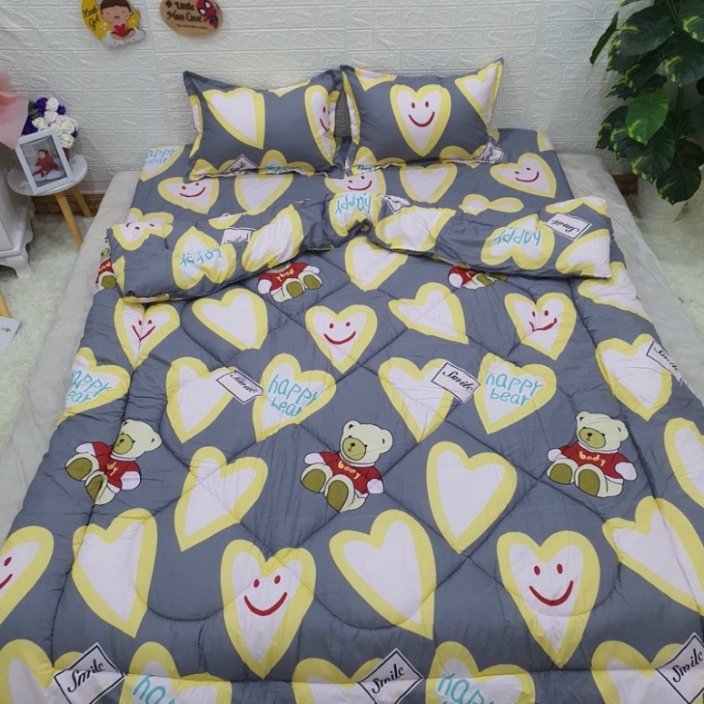 Trọn bộ 5 món ga gối chăn phao poly cotton có ruột bông dày chất lượng tốt