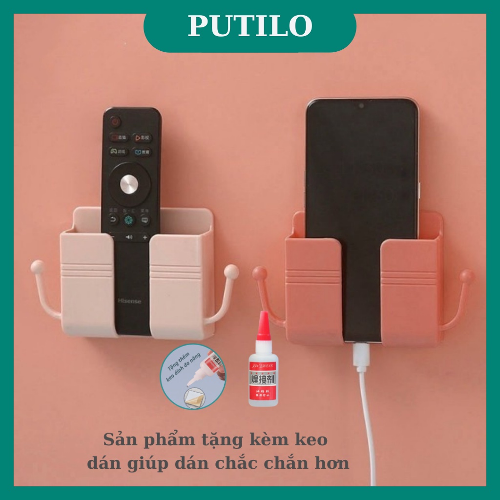 Kệ dán tường để Remote,đồ dùng,giá đỡ sạc điện thoại dính tường có móc treo tiện lợi