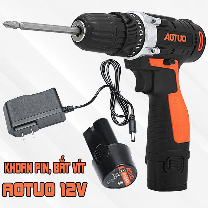 BỘ MÁY KHOAN BẮT VÍT 12V CẦM TAY ĐẢO CHIỀU AOTUO KÈM PIN DỰ PHÒNG