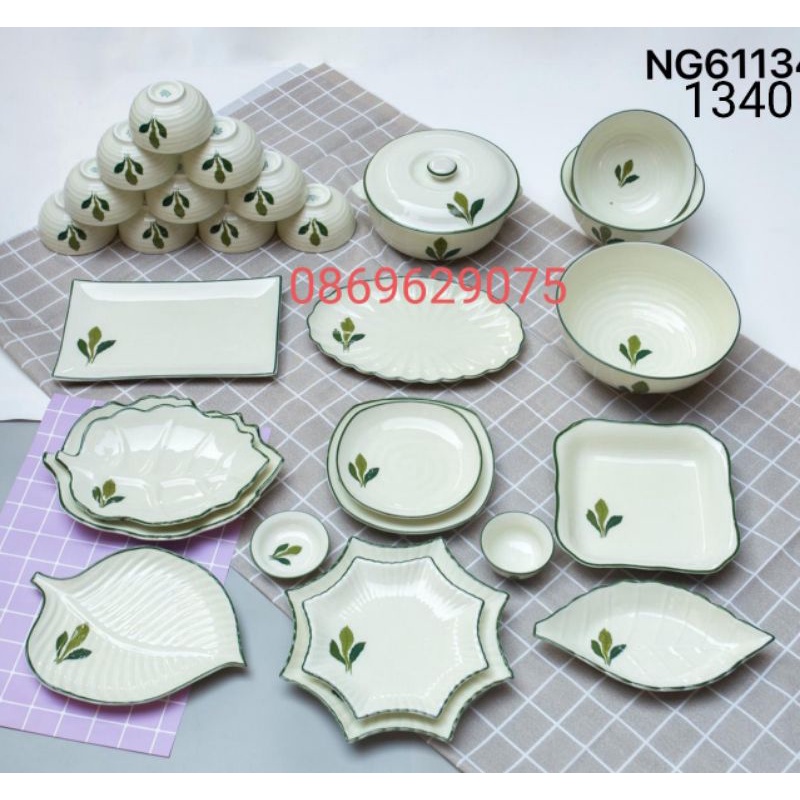 Bán lẻ bát đĩa vẽ ngò gai men kem.Hàng sứ Bát Tràng.