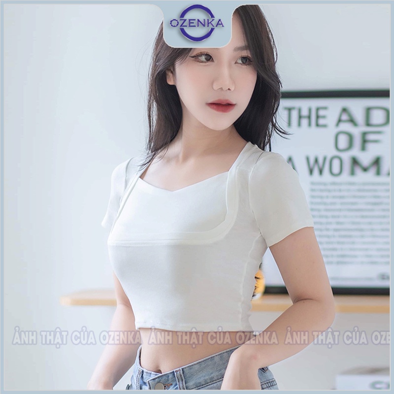 Áo croptop nữ ôm tay ngắn cổ vuông OZENKA , áo crt kiểu hàn quốc tôn ngực thun gân 100% cotton màu đen trắng đẹp