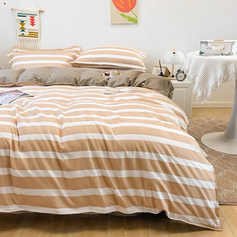 Bộ chăn ga gối cotton poly Lidaco decor phòng ngủ vintage - Kẻ ngang be (SP001477)