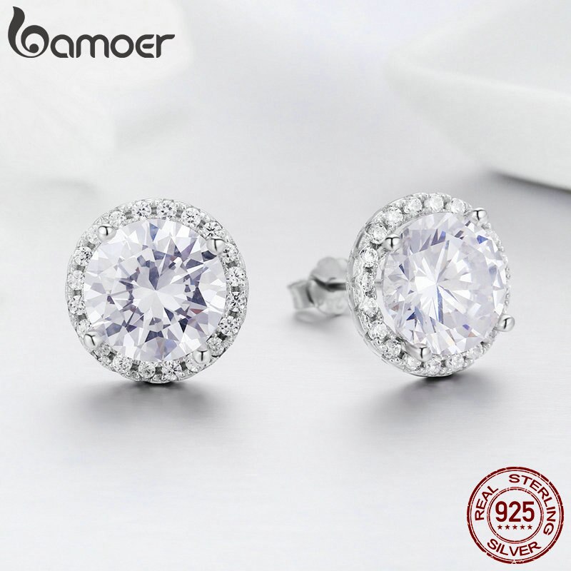 Khuyên Tai BAMOER SCE358 Bạc Thạt 925 Đính Đá CZ Trong Suốt Nhỏ Xinh Thời Trang Đính Hôn/Đám Cưới Cho Nữ
