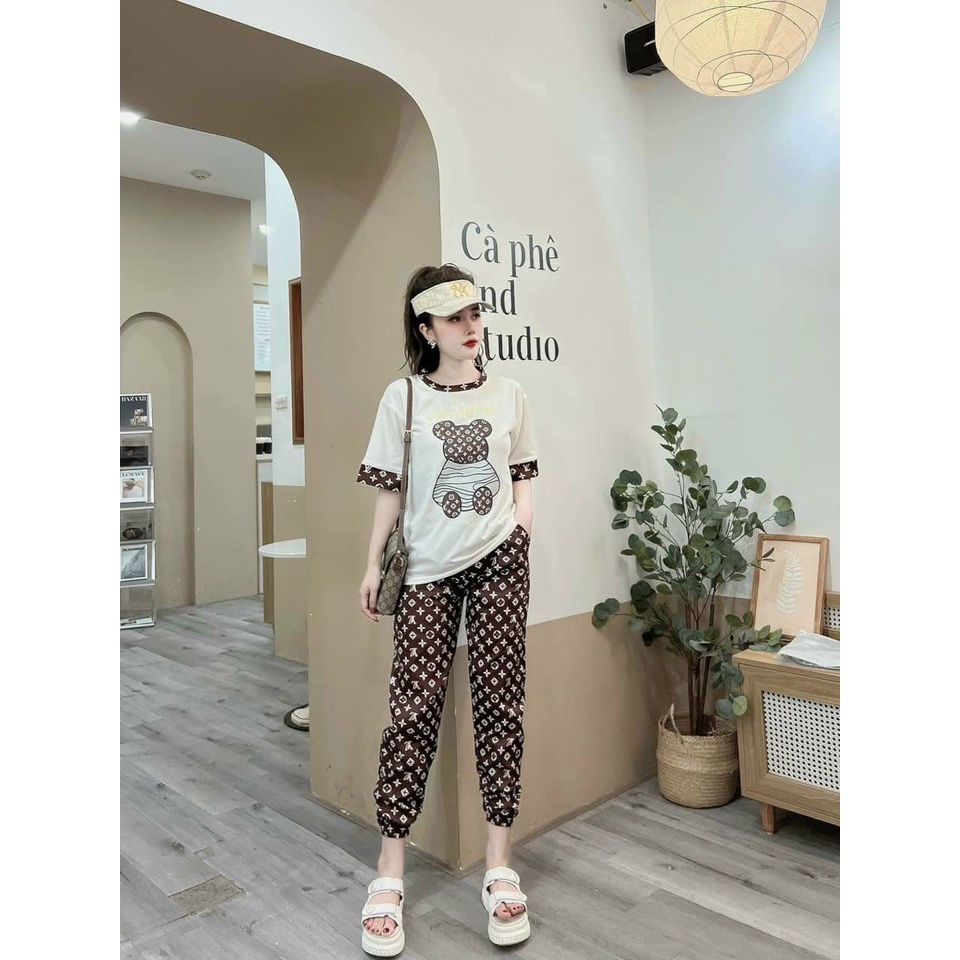 Đồ Bộ Thun Dài Form Rộng Áo Thun Cotton Thêu Gấu Nâu Quần Dài Thun Lạnh In 3D