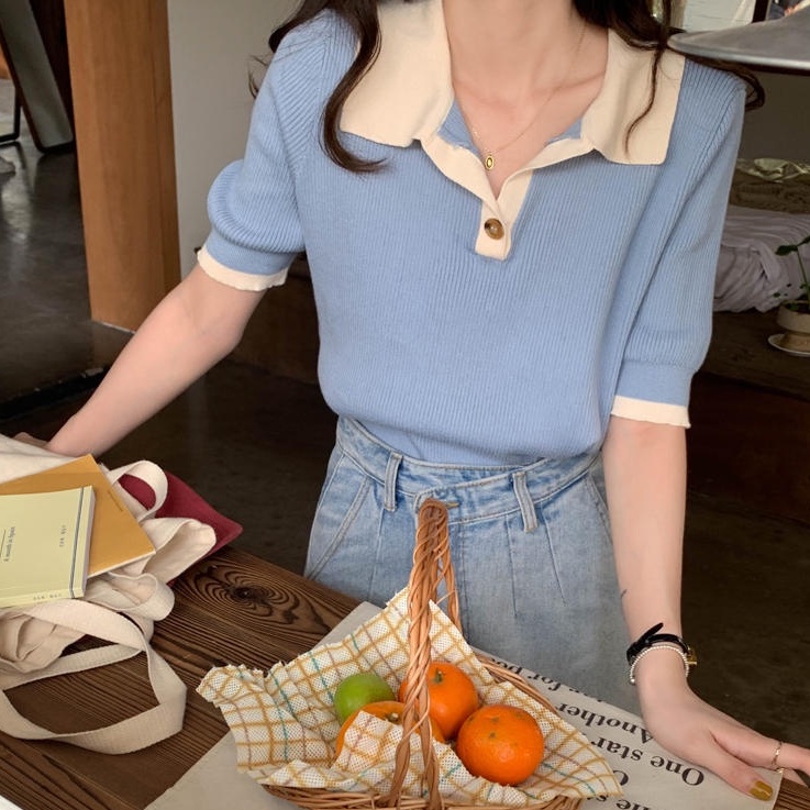 Áo Thun Dệt Kim Tay Ngắn Cổ Bẻ Màu Sắc Tương Phản Phong Cách Retro 49855