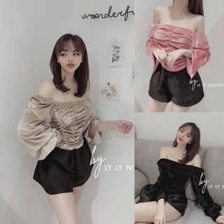 Áo nhung trễ vai bèo nhúm dễ thương⚡️3 màu