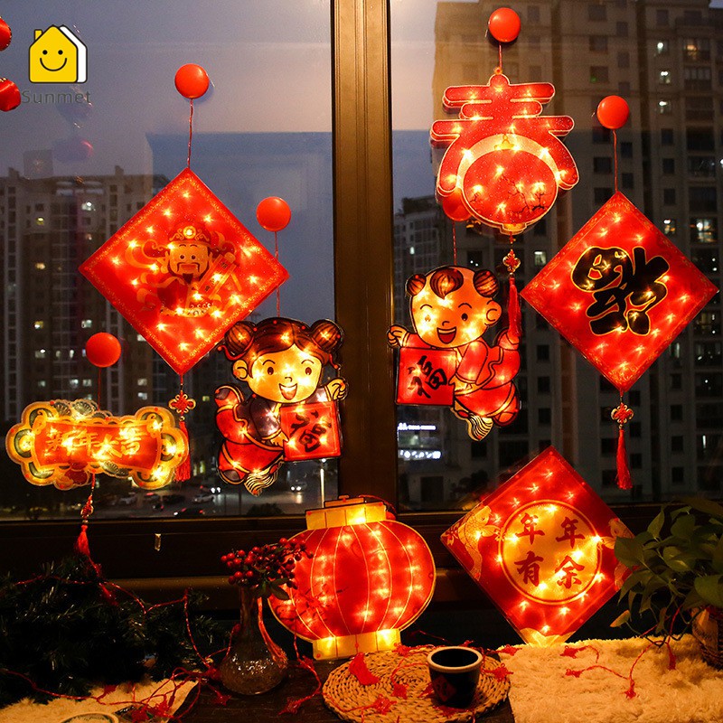 【FLASH SALE] Đèn LED Lồng Đèn Trang Trí Tết-Chữ Phúc Tiếng Trung Quốc Sử Dụng Pin Có Nút Hít Mặt Kính Quà Tặng Ý Nghĩa
