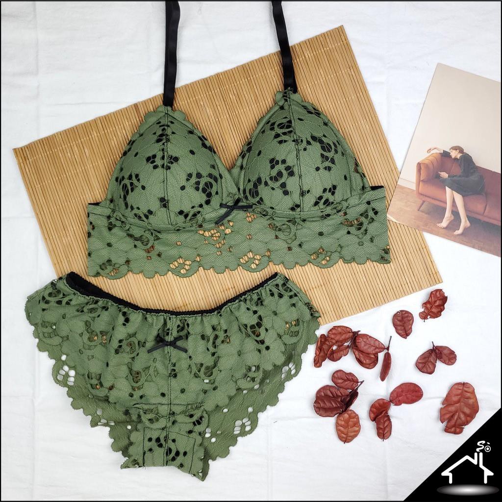 Bộ đồ lót ren không gọng mút vừa gợi cảm màu rêu quần tam giác - Nội y sexy by NHÀ SÒ Bralette NS160 | BigBuy360 - bigbuy360.vn