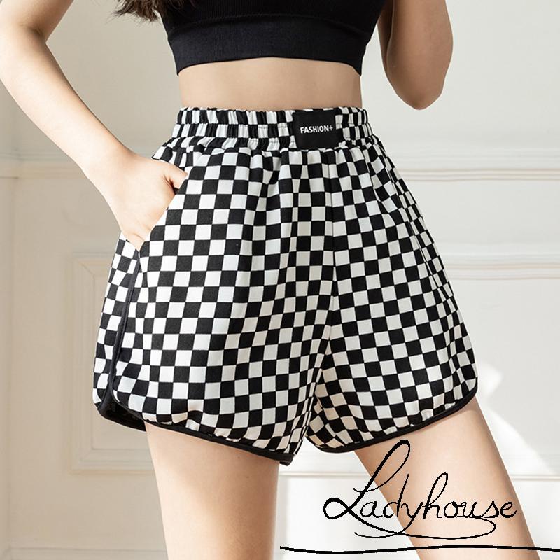Ld-quần Short Thể Thao Eo Cao In Họa Tiết Kẻ Ô Hai Bên Có Túi Phong Cách Thể Thao Thời Trang Xuân Hè Dành Cho Nữ