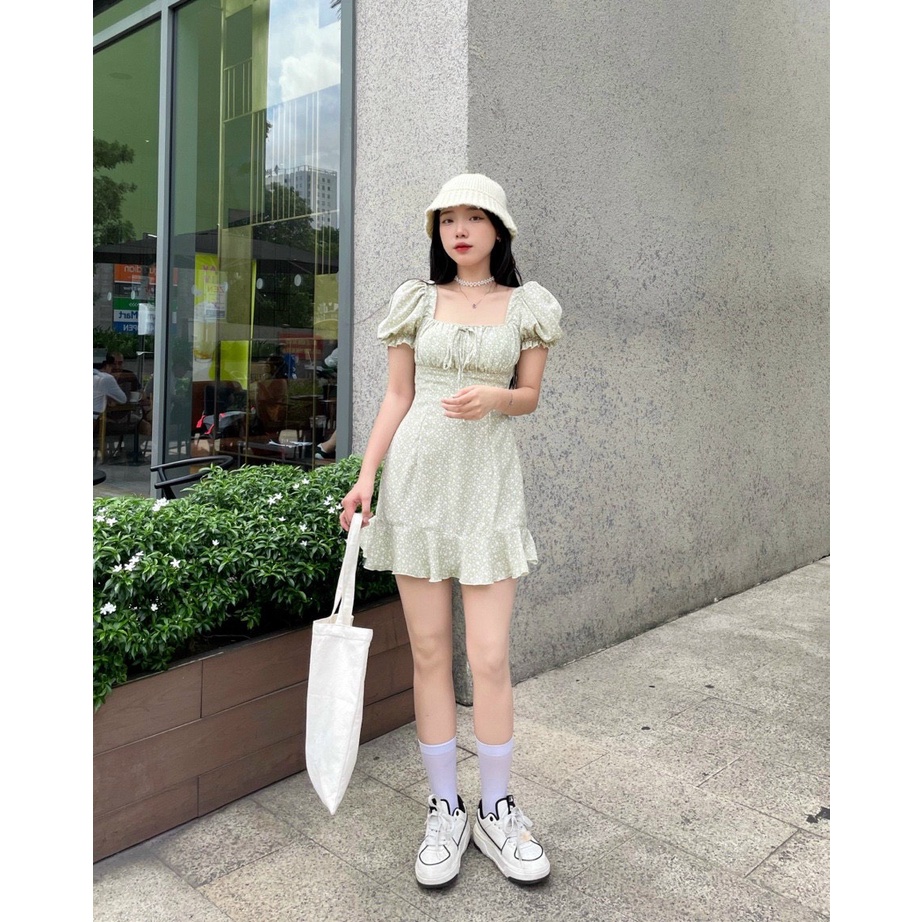 Đầm Hoa Xanh 💖DEMISS💖 Váy Hoa Xanh Nơ Lưng Chân Bèo Đính Nhíu Ngực Nhẹ Nhàng - V-HOA-74