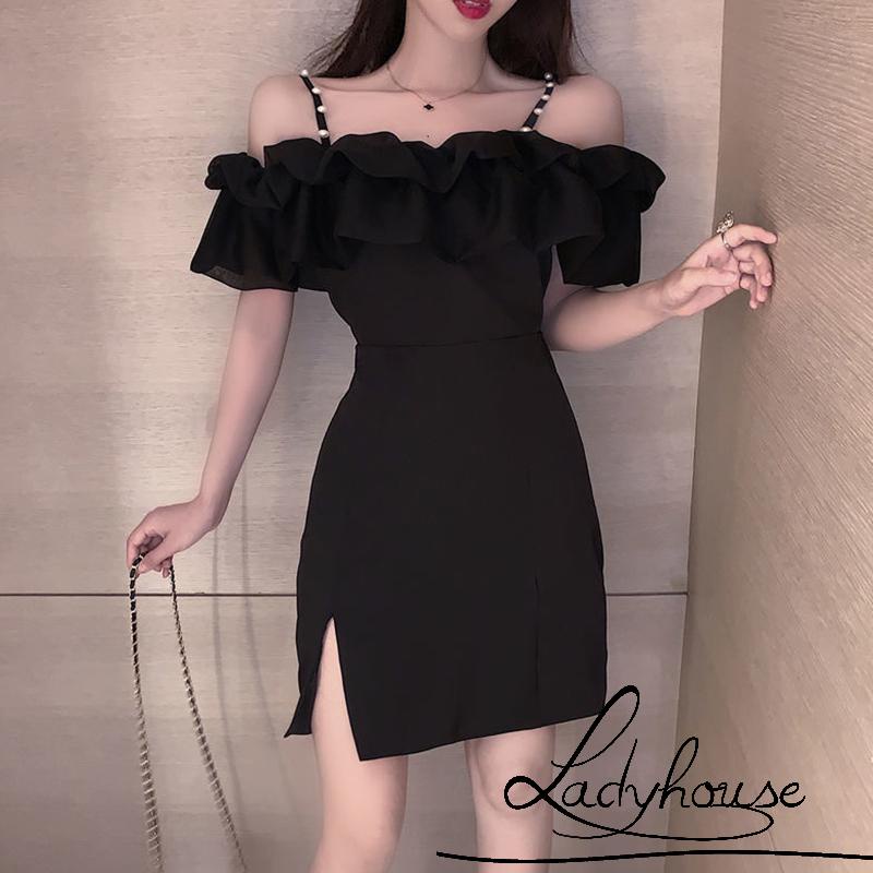 Ldd-đầm Tay Ngắn Trễ Vai Màu Trơn Đính Ngọc Trai Giả Một Mảnh Mùa Hè