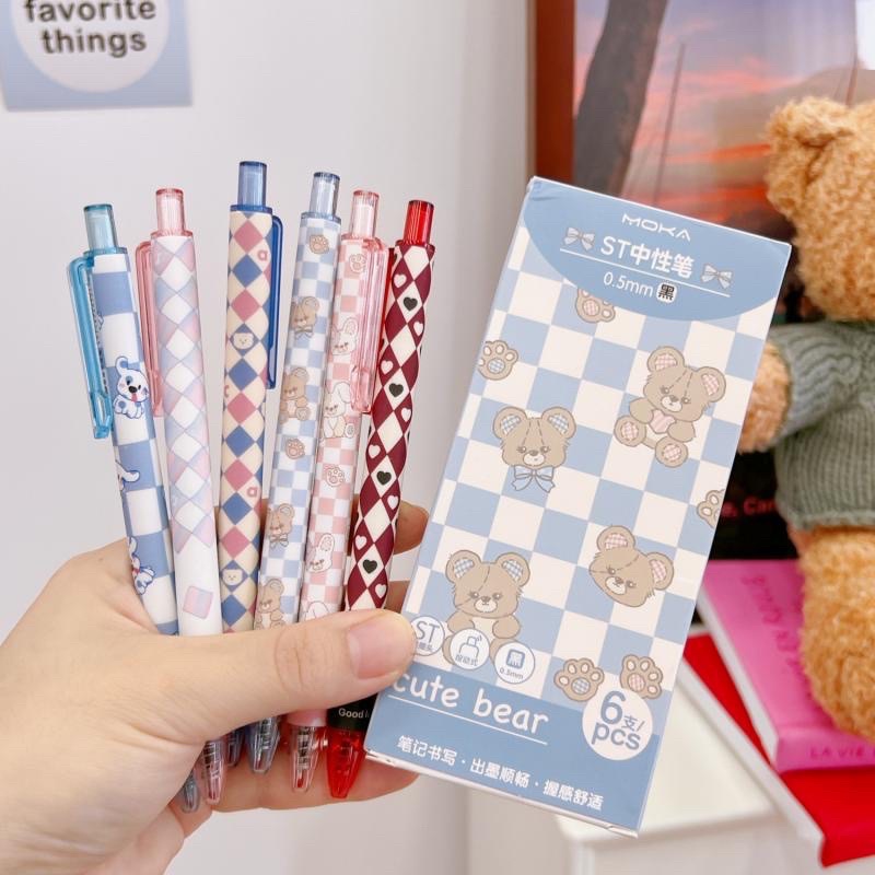 Set 6 Bút Bi Bấm Họa Tiết Gấu Hoạt Hình Kiểu Hàn Quốc Dễ Thương