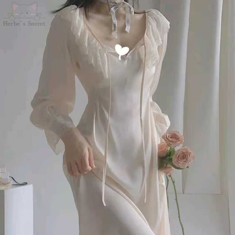 Đầm Ngủ Lụa Lạnh Tay Dài Chiết Eo Phong Cách Cung Điện Cao Cấp Mùa Xuân Thu Cho Nữ
