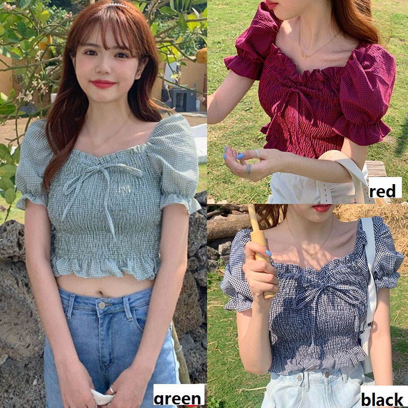 Áo Kiểu Dún Ngực Tay Phồng Ngắn Cổ Vuông Họa Tiết Kẻ Caro Thời Trang Cho Nữ | BigBuy360 - bigbuy360.vn