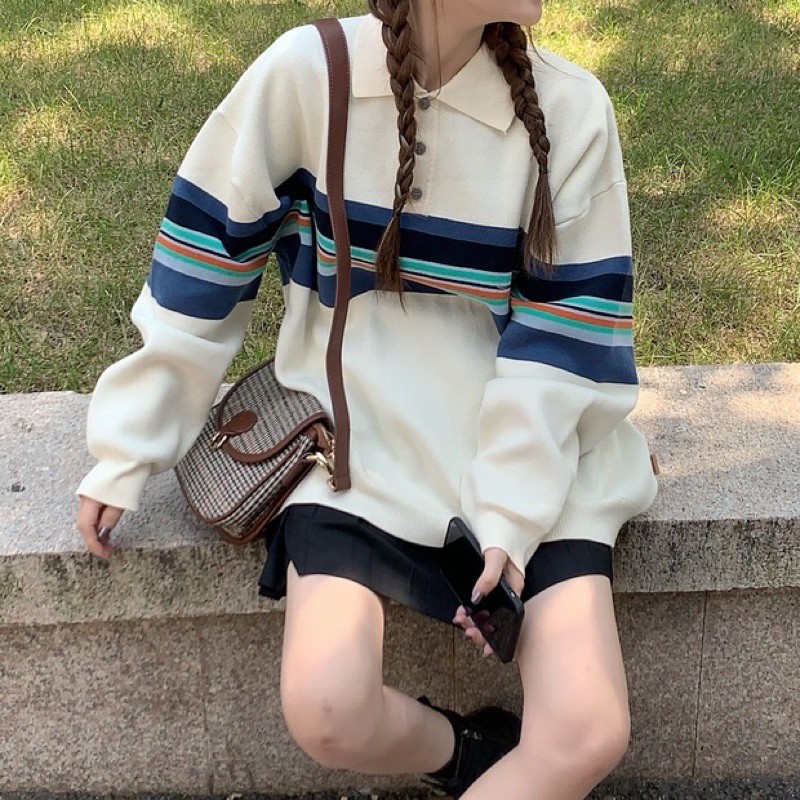 Áo sweater Polo Huzca sọc ngang tone lạnh style Hàn Quốc