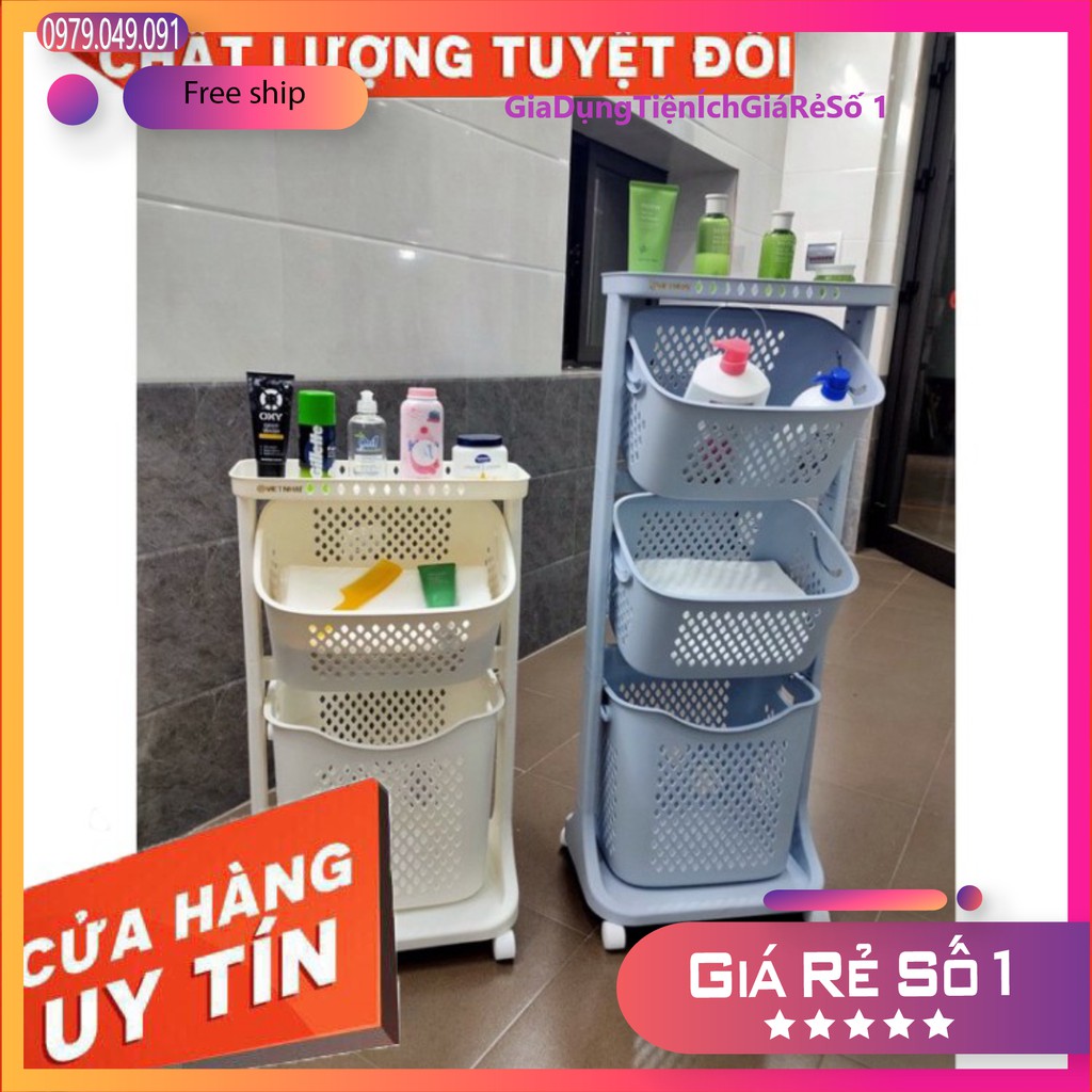 [Hàng chính hãng] Kệ nhựa plastic cao cấp 3 tầng đa năng có bánh xe đựng đồ cho bé, đồ nhà tắm, đồ máy giặt