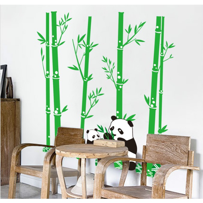 Decal trang trí tường Cây Trúc Xanh và Gấu trúc 2 Mẹ con