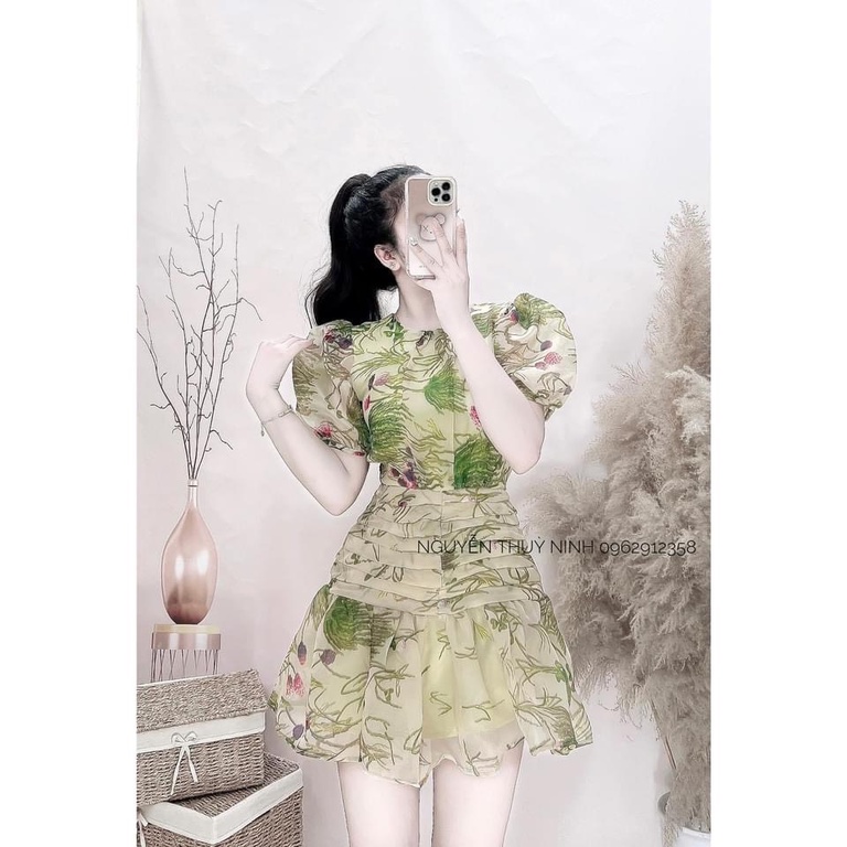 ✨BÁN SỈ✨Đầm hoa xanh xếp ly thân đuôi cá vải cao cấp