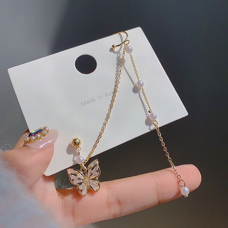 Bông Tai Dáng Dài Hình Bướm Đính Ngọc Trai Phối Dây Xích Tua Rua Kiểu Hàn Quốc Thời Trang Cho Nữ