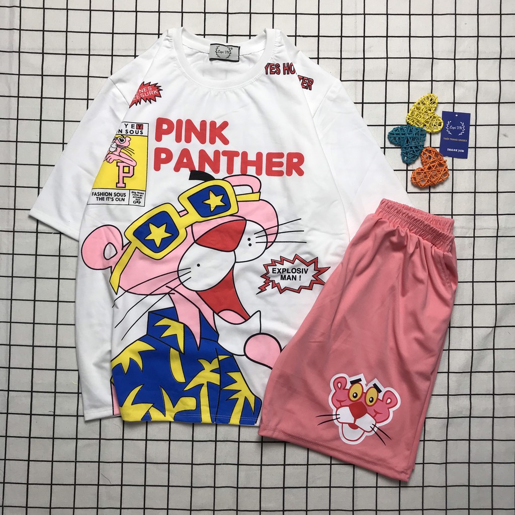 Set Đồ Bộ In Hình Chú Báo Hồng- the pink panther cartoon 3D Cute DB45-Lapi VN Áo+ Quần Đùi Vải Thun Cotton Thoáng Mát