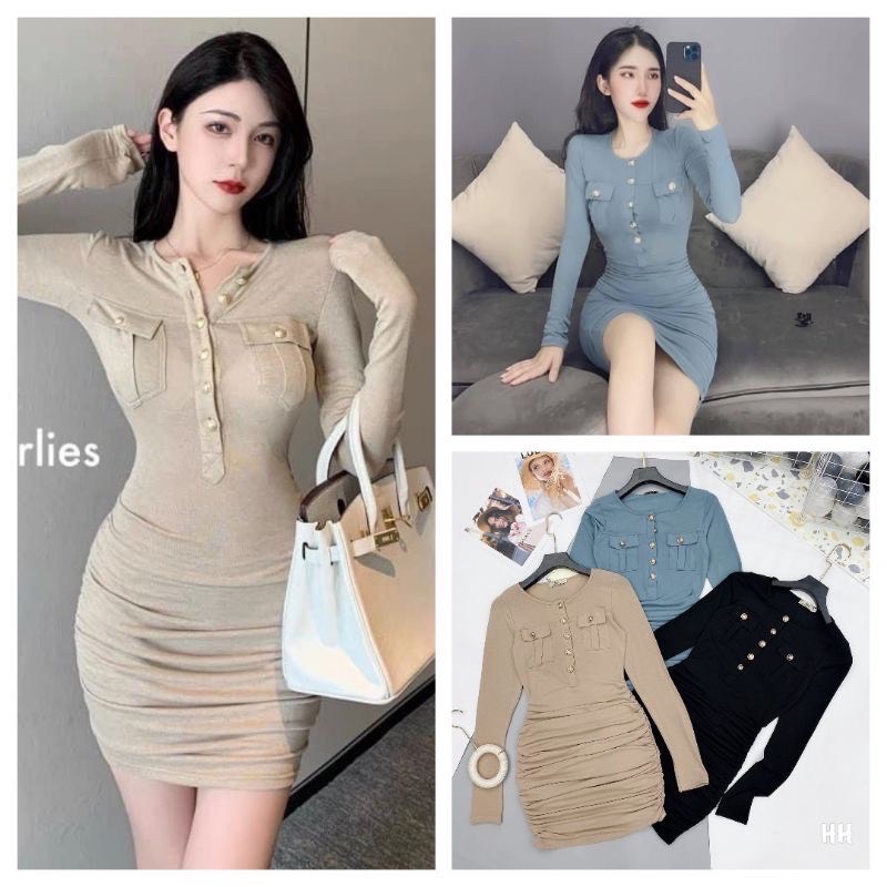 váy body cổ tròn phối cúc và túi ngực 3 màu