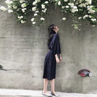 Đầm váy freesize đen tay lỡ đan dây eo