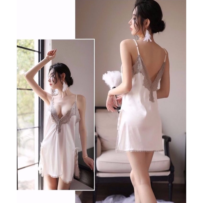 Váy ngủ sexy đầm ngủ gợi cảm đồ ngủ cosplay sẽy 2 dây lụa phối ren xẻ eo ( tặng kèm quần chip lọt khe) VN28