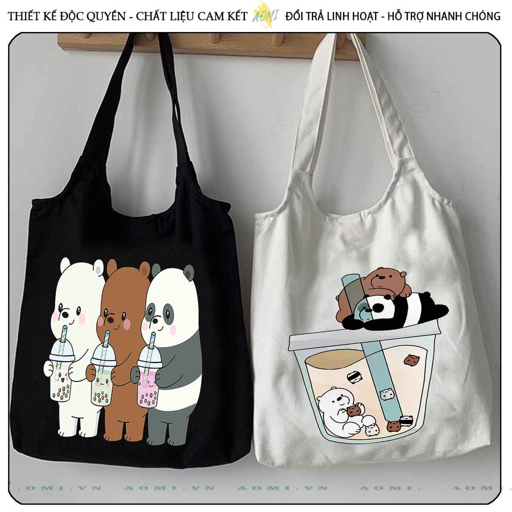 TOTE CANVAS GẤU WE ARE BEAR FORM TRÒN TÚI VẢI ĐEO VAI BAG NÚT BẤM SIZE LỚN AOMIVN DU LỊCH  MÀU ĐEN TRẮNG