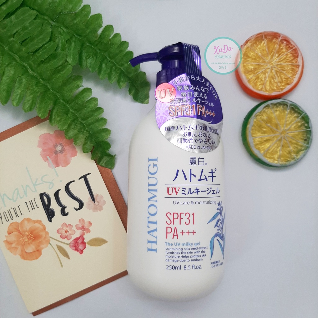 Sữa dưỡng thể Hatomugi trắng da chống nắng Nhật Bản Hatomugi uv milky gel SPF31 PA +++ 250ml | BigBuy360 - bigbuy360.vn