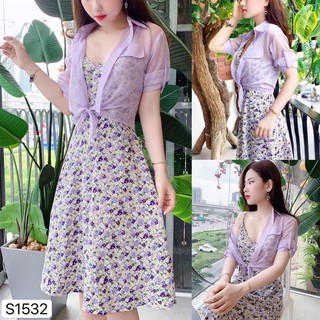 Set váy hoa kết hợp áo khoác voan tím S1532_Đậu Studio [Kèm ảnh thật]