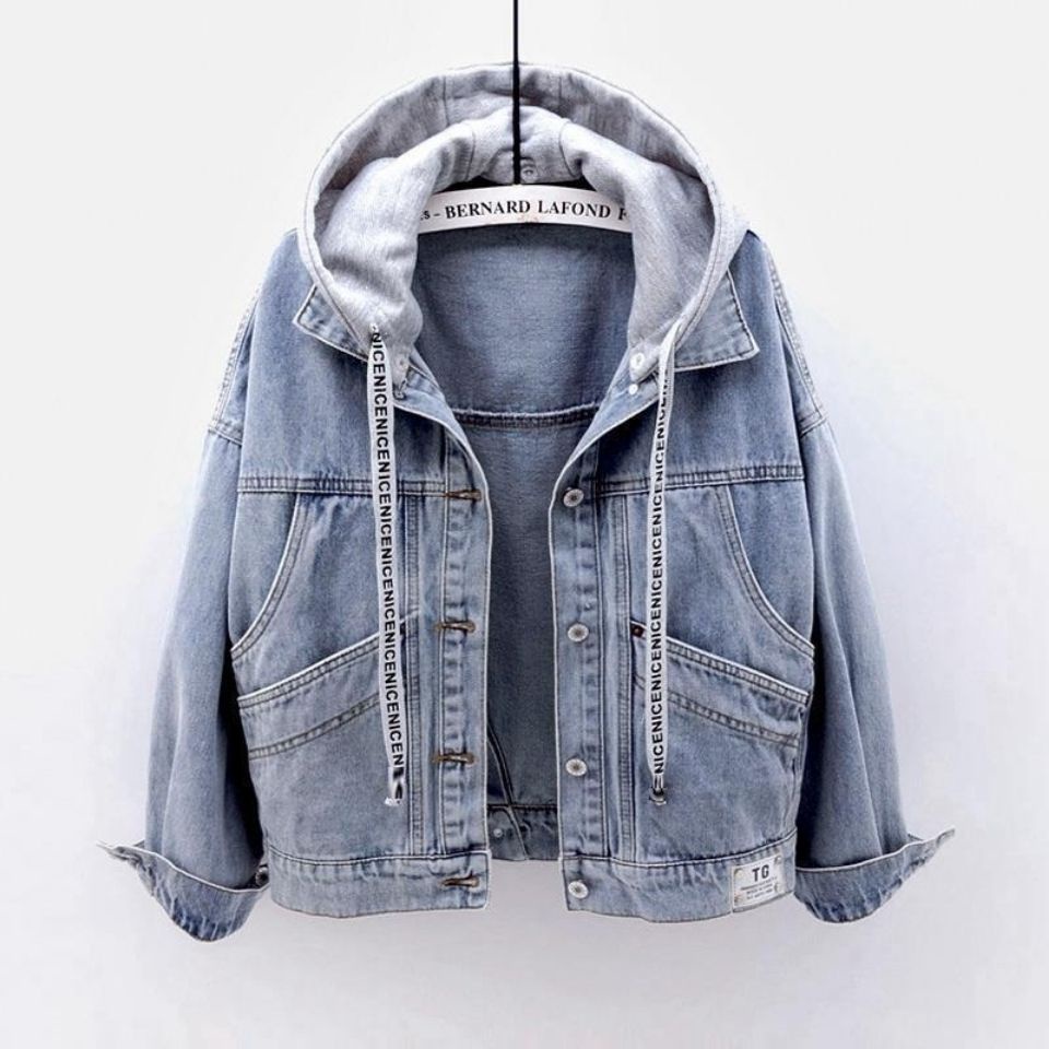 Áo Khoác Denim Tay Dài Dáng Rộng Có Mũ Trùm Kiểu Retro Đường Phố Hàn Quốc Cá Tính Cho Nữ